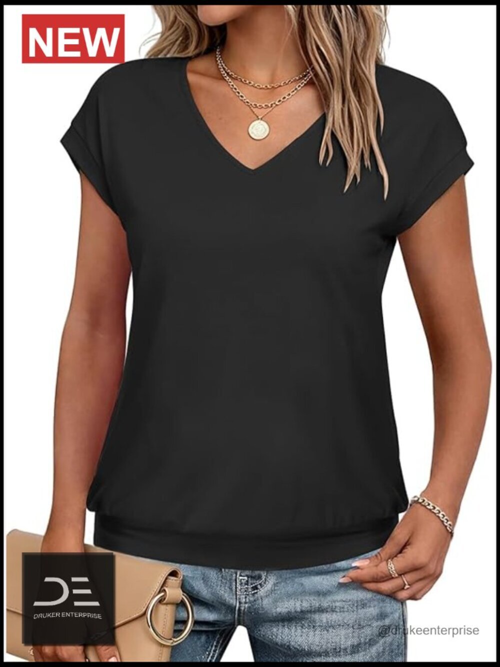 V Neck Cap Sleeve Banded Bottom T Shirt Blouse Summer Beach Vacation Outfit